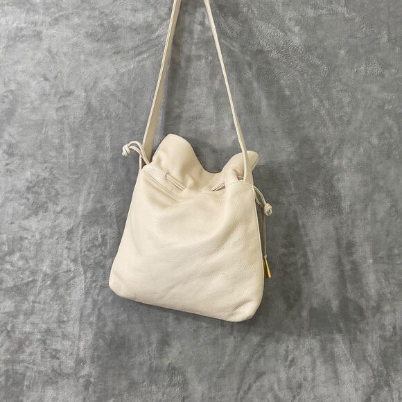 Americana by Sharif  Pebbled Leather Shoulder Bag Ivory drawstring * - Picture 3 of 16